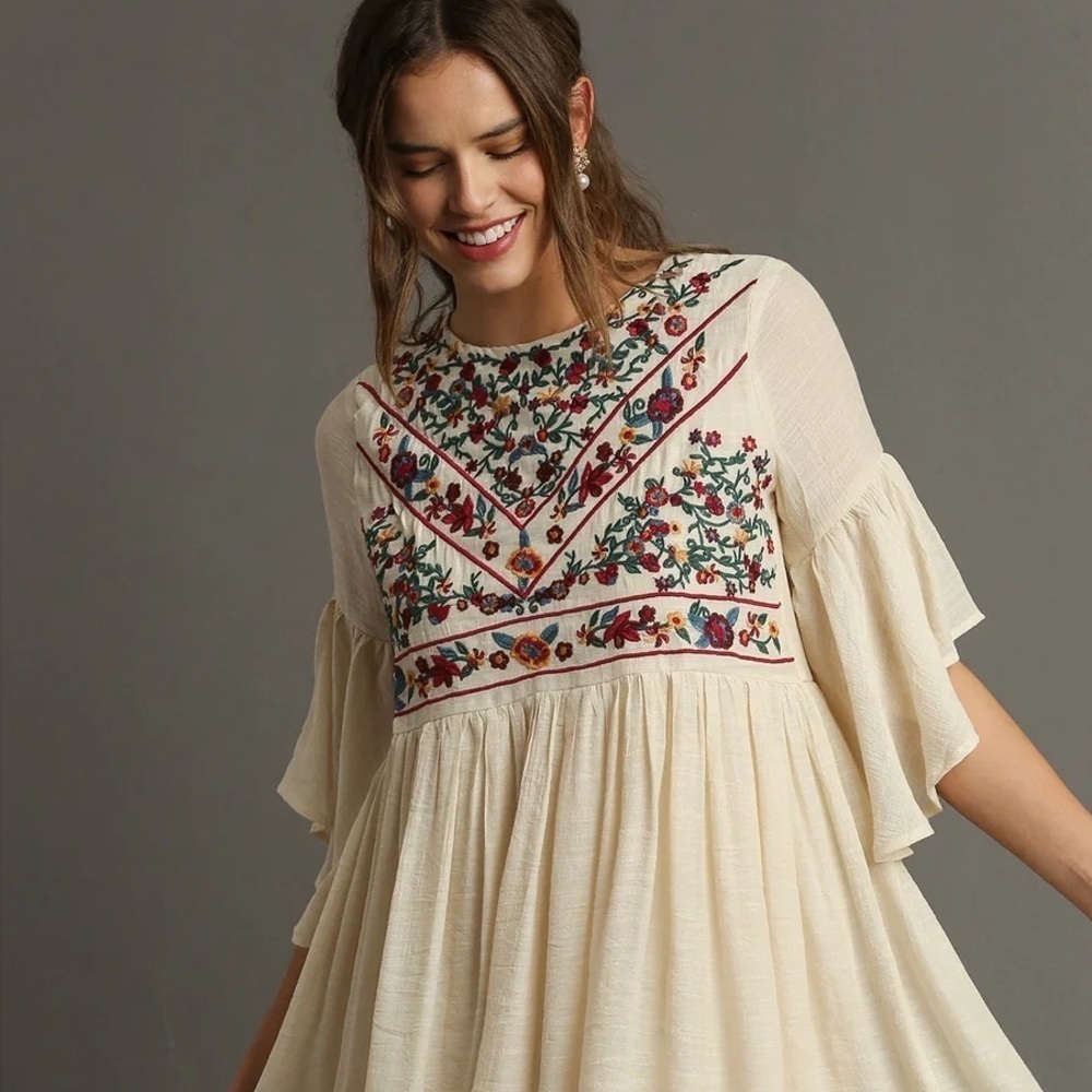 Umgee Boho Bliss Ruffle Embroidered Tunic Dress in "Natural" Size Small